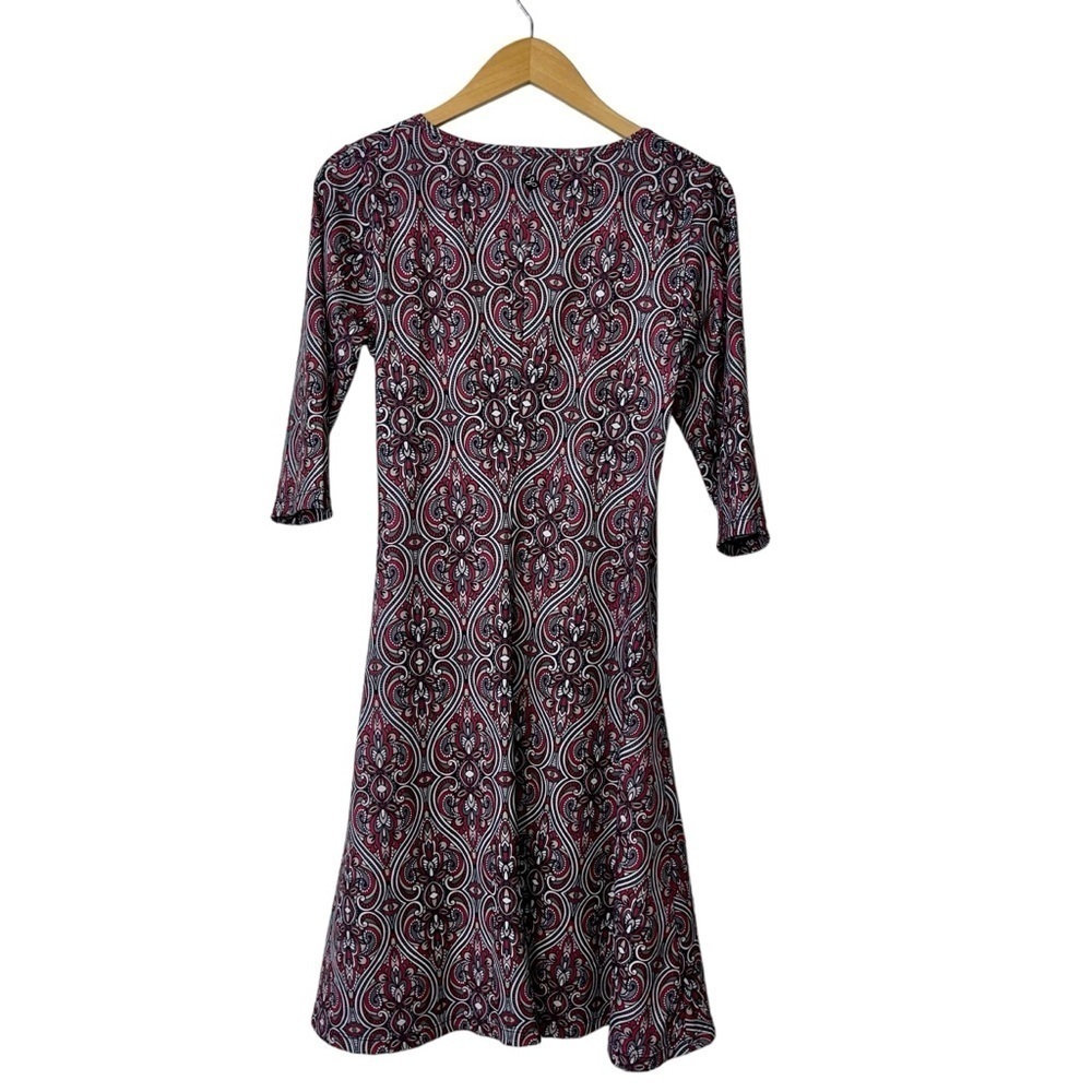 prAna Womens Veeda Red NADIA VNECK Faux Wrap DRESS 3/4 Sleeves Stretch Sz LG - Picture 8 of 12